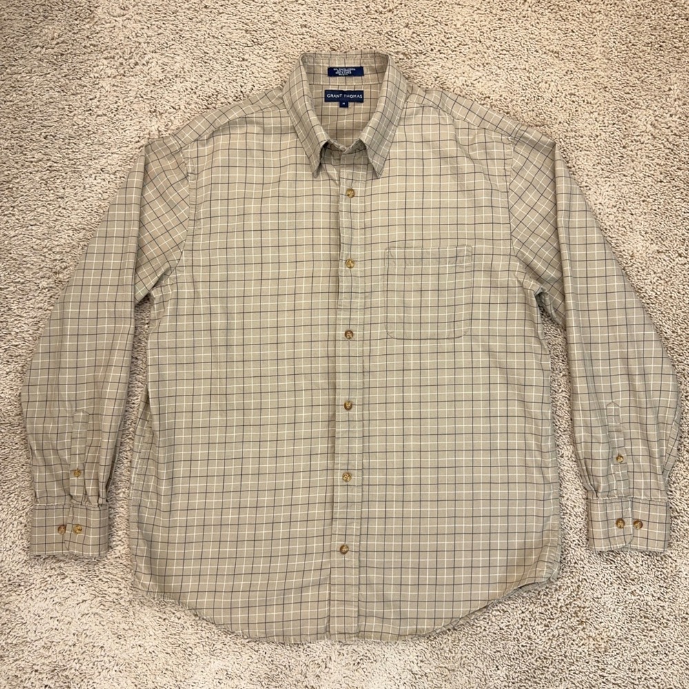 Grant Thomas Button Down Long Sleeve‎ Shirt Mens M Plaid Beige Brown Casual